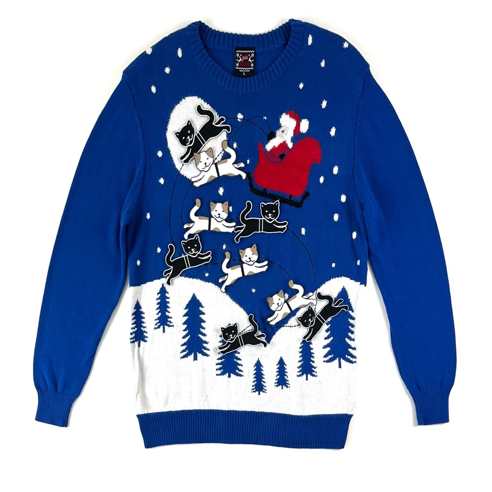 Well Worn Holiday Cats Sleigh Ugly Christmas Sweater